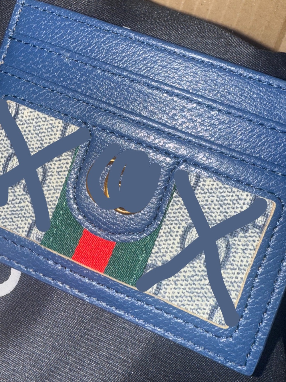 Blue Leather Card Case with Green and Red Stripe